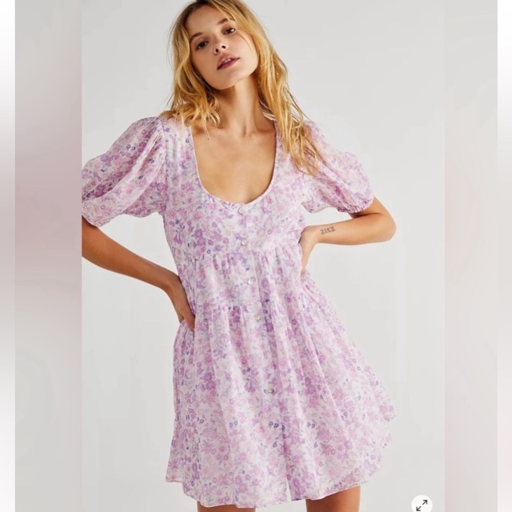 LoveShackFancy Runa Lavender Floral Mini Babydoll Dress
